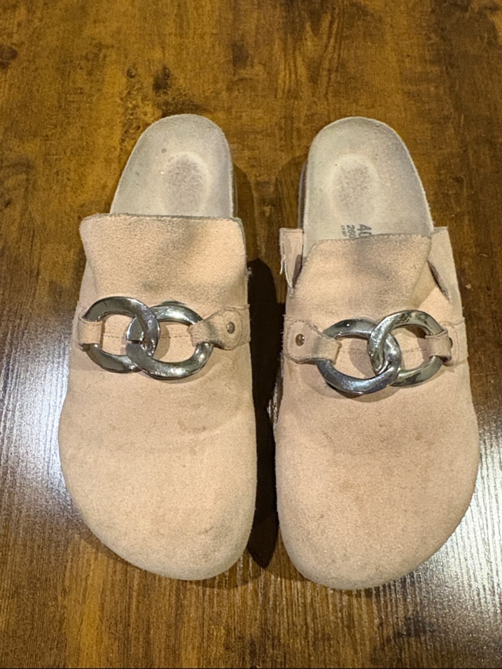 Birkenstock Pink Suede Clogs with Silver Chain Accent